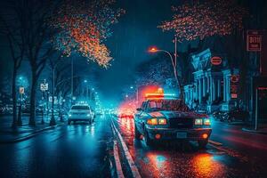 Police car in a rainy night city. Neural network AI generated photo