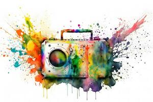 Retro ghetto blaster isolated on white with rainbow watercolor splash. Neural network AI generated photo