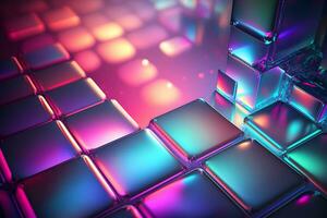 Abstract background with neon holographic square elements. Neural network AI generated photo