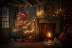 hermosa acogedor Navidad interior con un chimenea. neural red ai generado foto