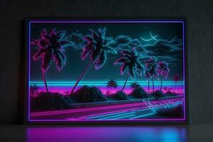 Synthwave neon landscape with palm trees and sunset. Retro style background. Neural network AI generated photo