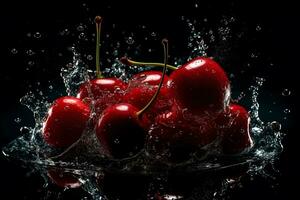 Cherries in a splash of water on a black background. Neural network AI generated photo