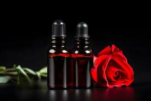 rose flower and glass of bottle essential oil or rose water with rose petals, spa and aromatherapy cosmetic concept. Neural network AI generated photo