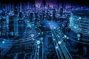 internet of things, networks and augmented reality concept, night scene. cyber technology city of the future. Neural network AI generated photo