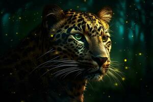 leopardo retrato cerca arriba en oscuro antecedentes. neural red ai generado foto