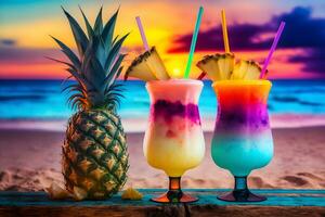 nice fresh exotic cocktails, served on the beach. Neural network AI generated photo