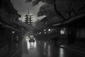 Asian city landscape black and white. Neural network AI generated photo