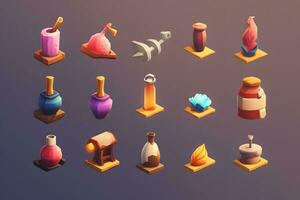 Set of magical potion bottles. Neural network AI generated photo