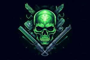 Green punk cyber human skull with weapon. Neural network AI generated photo