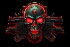 Red punk cyber human skull with weapon. Neural network AI generated photo