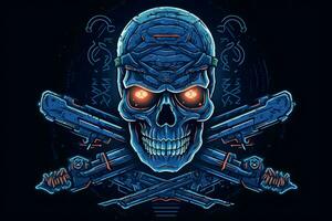 Blue punk cyber human skull with weapon. Neural network AI generated photo