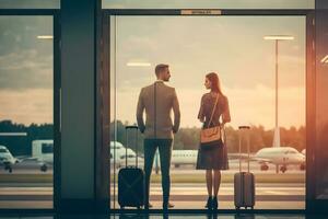 familia Pareja con equipaje a el aeropuerto. neural red ai generado foto