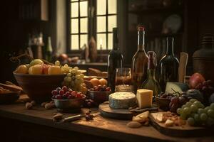 Wine, cheese and grapes in a vintage setup. Neural network AI generated photo