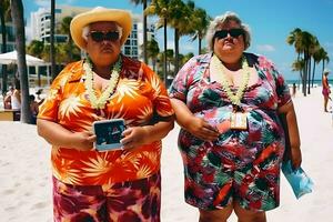 Two plus size overweight sisters twins women happy and proud of their bodies walking at the beach on summer holidays. Neural network AI generated photo