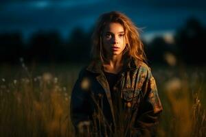 retrato de un hermosa niña en el noche en el campo. neural red ai generado foto