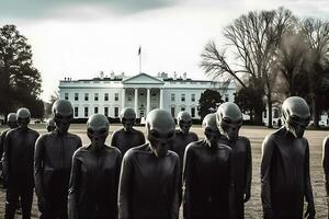Aliens at the White House. Neural network AI generated photo