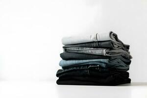 Jeans trousers stack on white background. Neural network AI generated photo