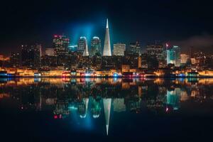 moderno ciudad a noche. neural red ai generado foto