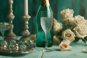 Champagne and roses elegant background. Neural network AI generated photo