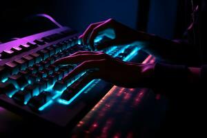 Hacker uses keyboard, shakes buttons with fingers to crack password. Internet security concept, cyber attack. Neon blue color. Neural network AI generated photo