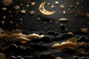 Black and gold night sky illustration with moon and clouds. Neural network AI generated photo