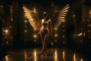 Dancer in golden dress with angel wings. Neural network AI generated photo