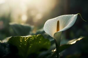 Calla lily flowers in botanical garden. Neural network AI generated photo