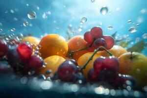 tropical frutas otoño profundamente debajo agua con un grande chapoteo. neural red ai generado foto