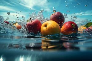 tropical frutas otoño profundamente debajo agua con un grande chapoteo. neural red ai generado foto