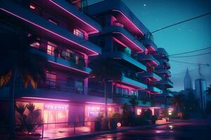 neon city synthwave retrowave style. Neural network AI generated photo