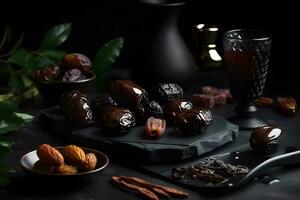 Dates on a dark background. Neural network AI generated photo