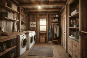 Modern washing machines in a wooden interior. Neural network AI generated photo
