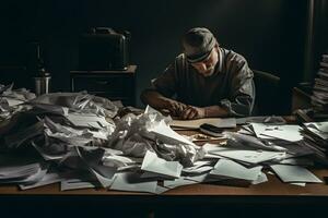 The many crumpled papers on desk of stressed male workplace. Neural network AI generated photo