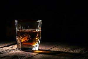 close up of a shot of whiskey on a bar top. Neural network AI generated photo