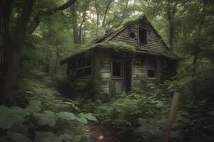 abandonado cabina en el bosque. neural red ai generado foto