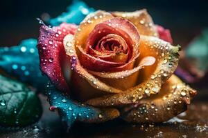 Rainbow rose with dew drops. Neural network AI generated photo