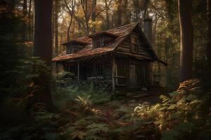 Abandoned cabin in the forest. Neural network AI generated photo