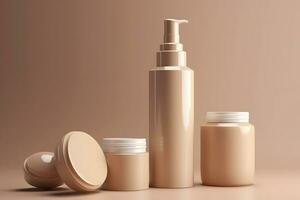 Mockup of cosmetics bottles in beige tone. Neural network AI generated photo