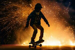 Guy with a skateboard on the background of fireworks. Neural network AI generated photo