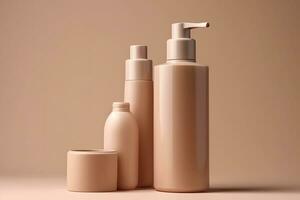 Mockup of cosmetics bottles in beige tone. Neural network AI generated photo