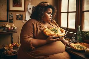 Dark skinned plus size girl and a lot of food. Neural network AI generated photo