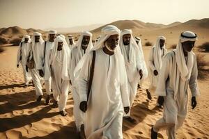 muchos árabe hombres en el desierto. neural red ai generado foto