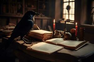 Vintage interior with mysterious vintage table piled with books, a candlestick and a raven. Neural network AI generated photo