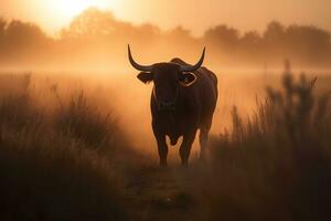 Bull in the wild, Landscape with sunset or sunrise. Neural network AI generated photo