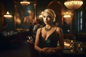 Beautiful young blonde in a luxury restaurant. Neural network AI generated photo