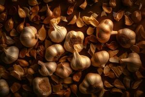 Lots of garlic abstract background. Neural network AI generated photo