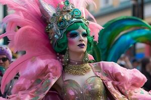 mujer en pluma disfraz a carnaval. neural red ai generado foto