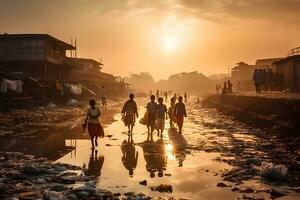 suciedad la carretera en el calle en África, niños son caminando. neural red ai generado foto