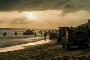 U.S. troops wading to Utah Beach during the D-Day. Neural network AI generated photo