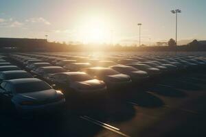 Car park at the end of the day. Car Dealer Inventory. Neural network AI generated photo